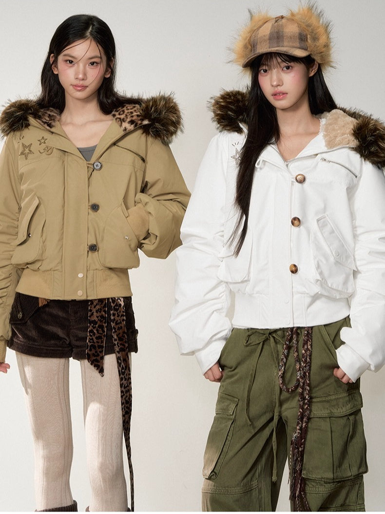 Studded Faux Fur Collar Bomber Down Jacket