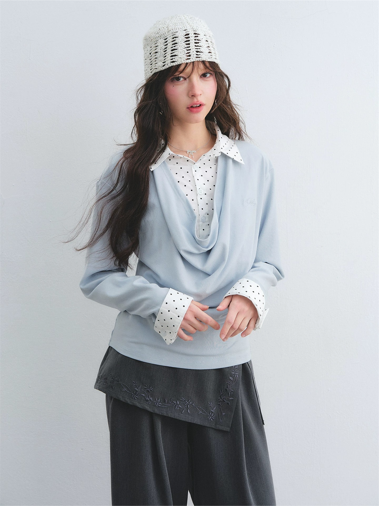 Polka Dot Shirt Panel Faux-Layer Draped Collar Top