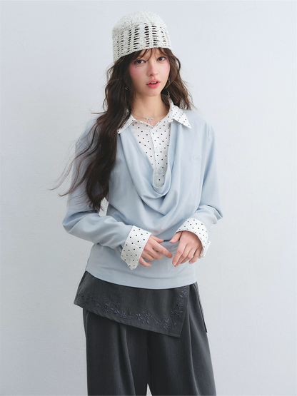 Polka Dot Shirt Panel Faux-Layer Draped Collar Top