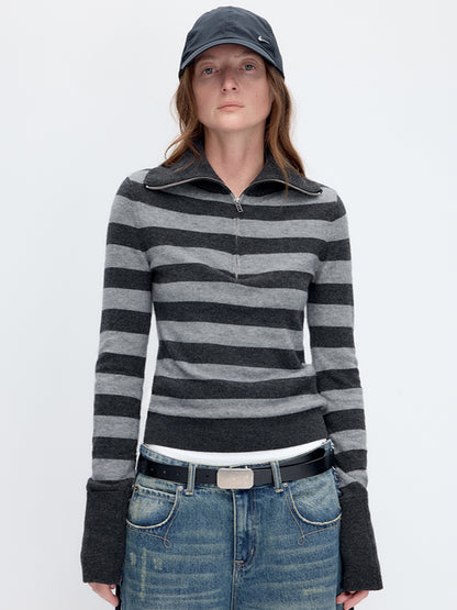 Striped Wool Blend Half-Zip Sweater