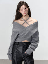 Grey & White Off-shoulder Knitted Wool Sweater - CHINASQUAD