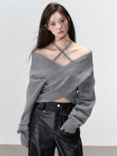 (Final Sale) Grey & White Off-shoulder Knitted Wool Sweater - CHINASQUAD