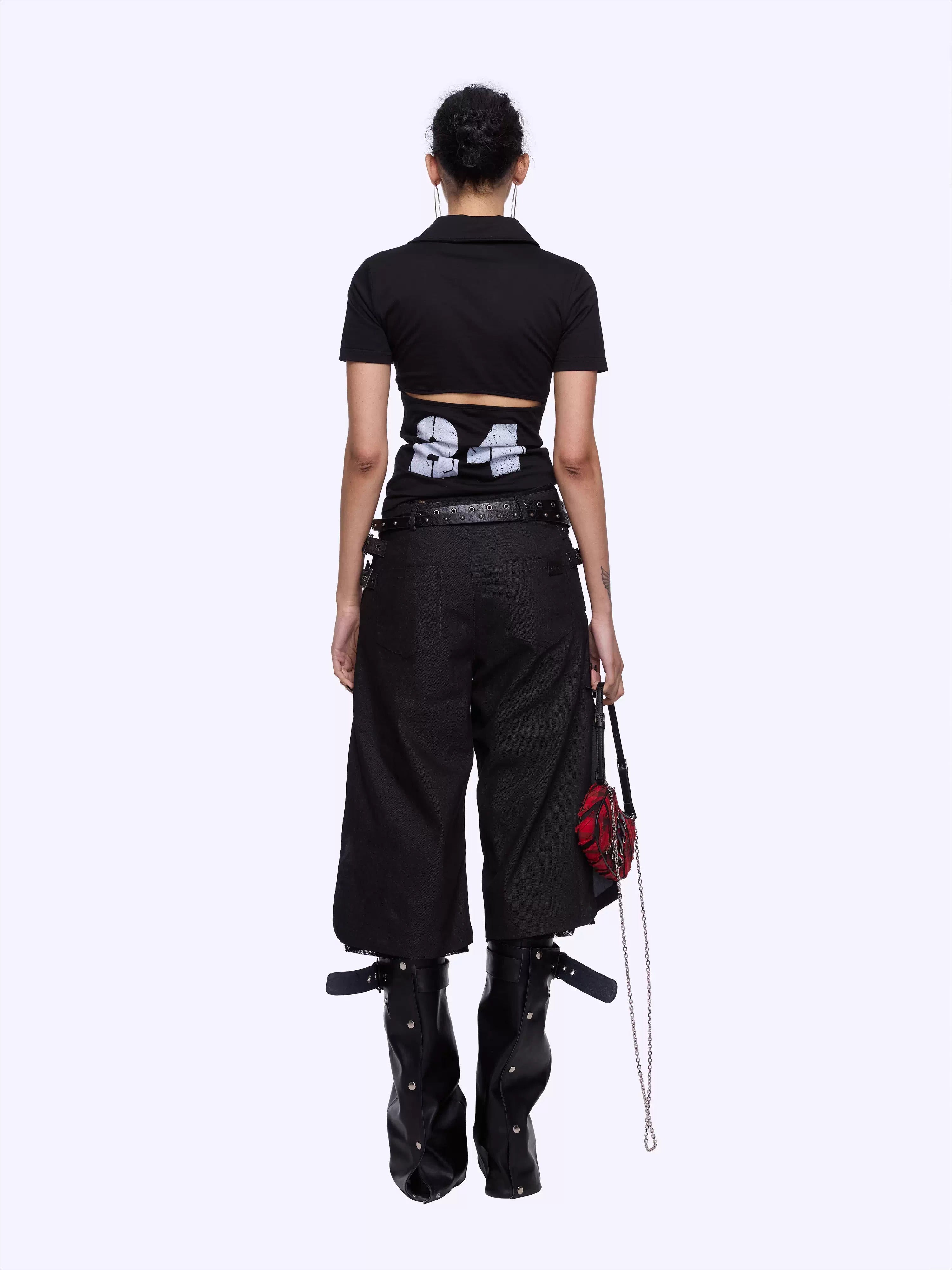 Backless Letter Print Lace-Trim Polo T-Shirt