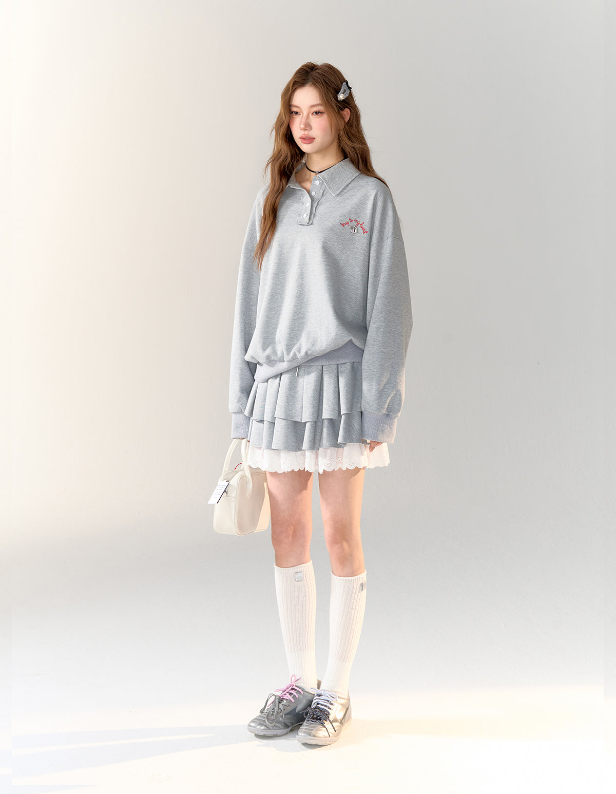 American College Style Polo Collar Sweatshirt &amp; Skirt Set