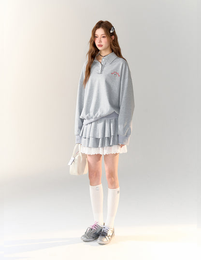 American College Style Polo Collar Sweatshirt &amp; Skirt Set