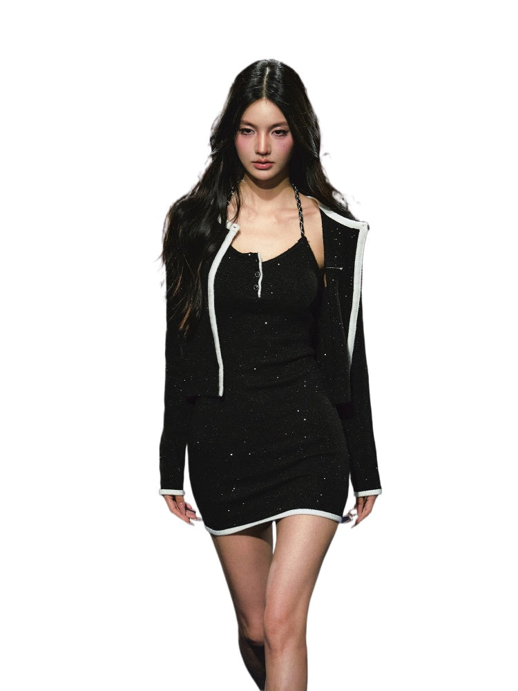 Tweed Galaxy Shimmer Chain Halter Dress &amp; Cardigan Set - CHINASQUAD