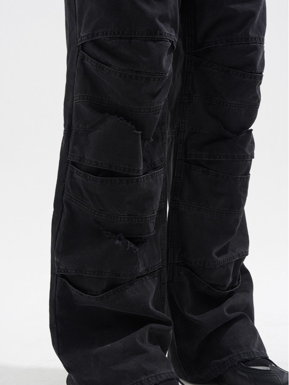 Layered Distressed Washed Loose Fit Denim Jeans