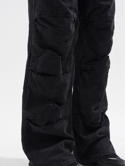 Layered Distressed Washed Loose Fit Denim Jeans