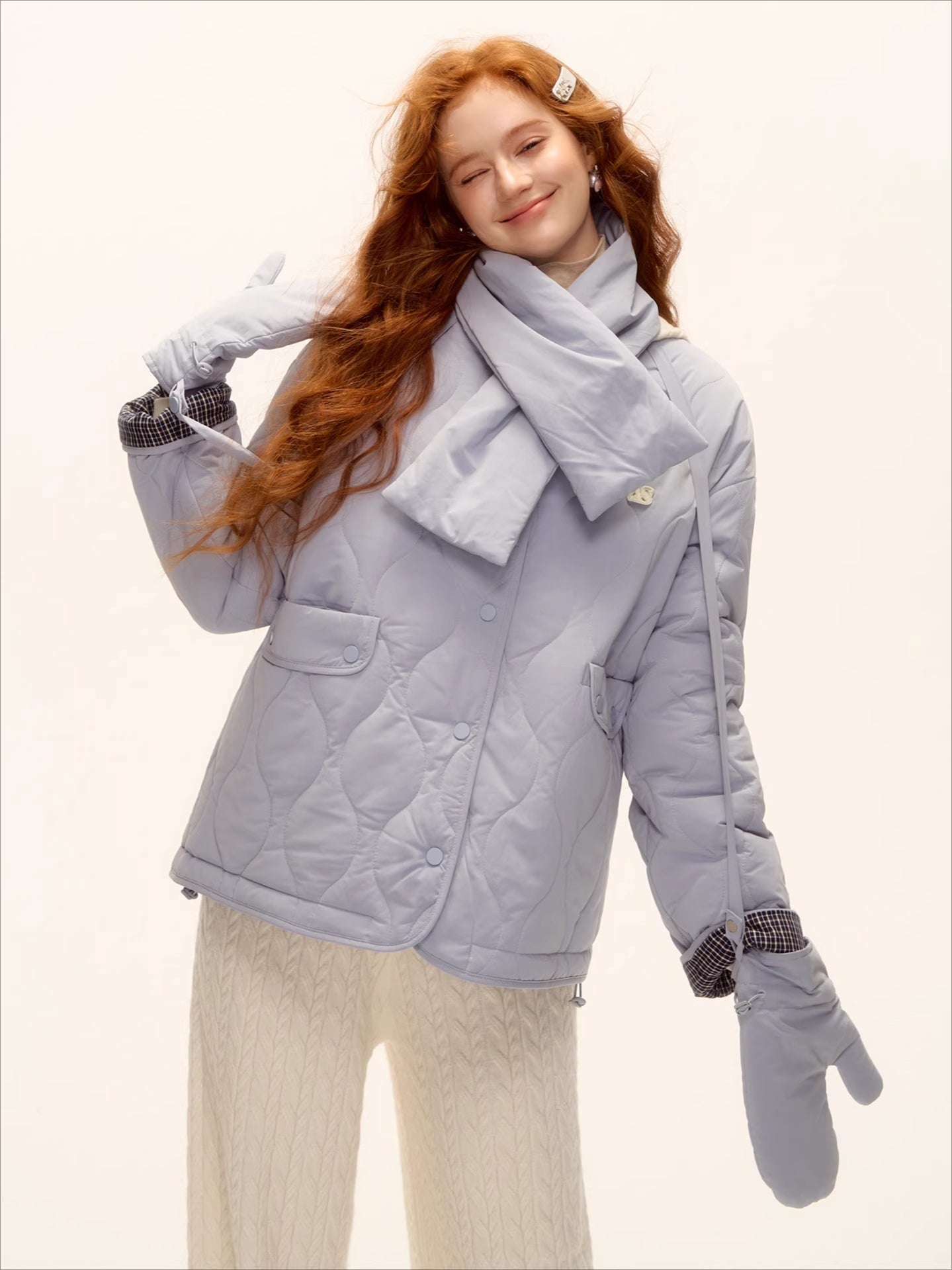 Vintage Blue Plaid Reversible Padded Jacket Set