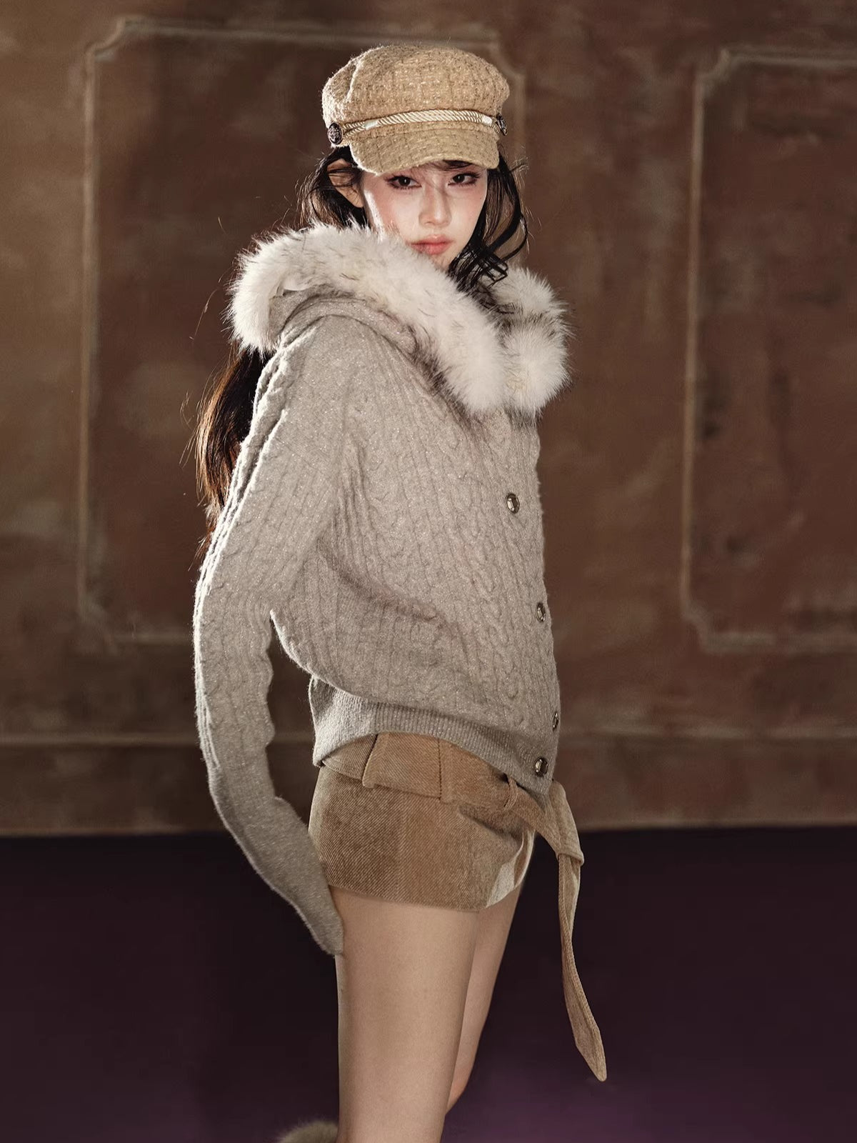 Shimmer Cable-Knit Hooded Cardigan