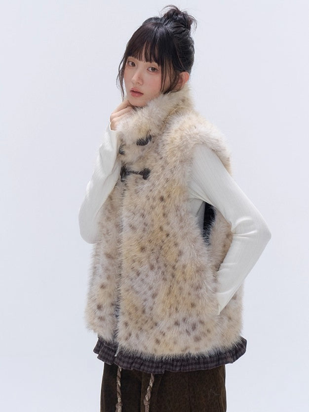 Faux Fur Leopard-Panel Lace-Trim Vest