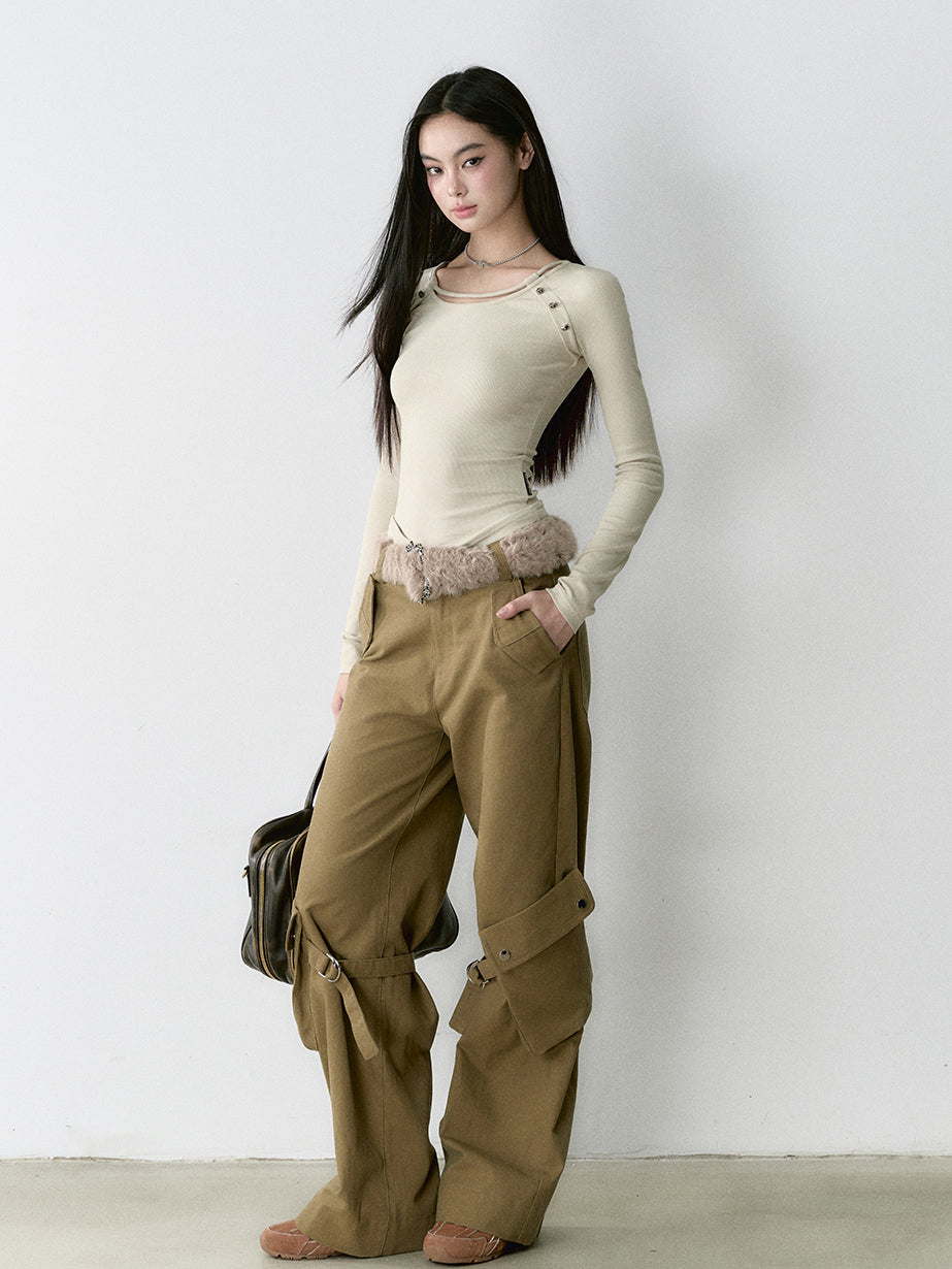 Khaki Loose-fit Cargo Straight-leg Pants