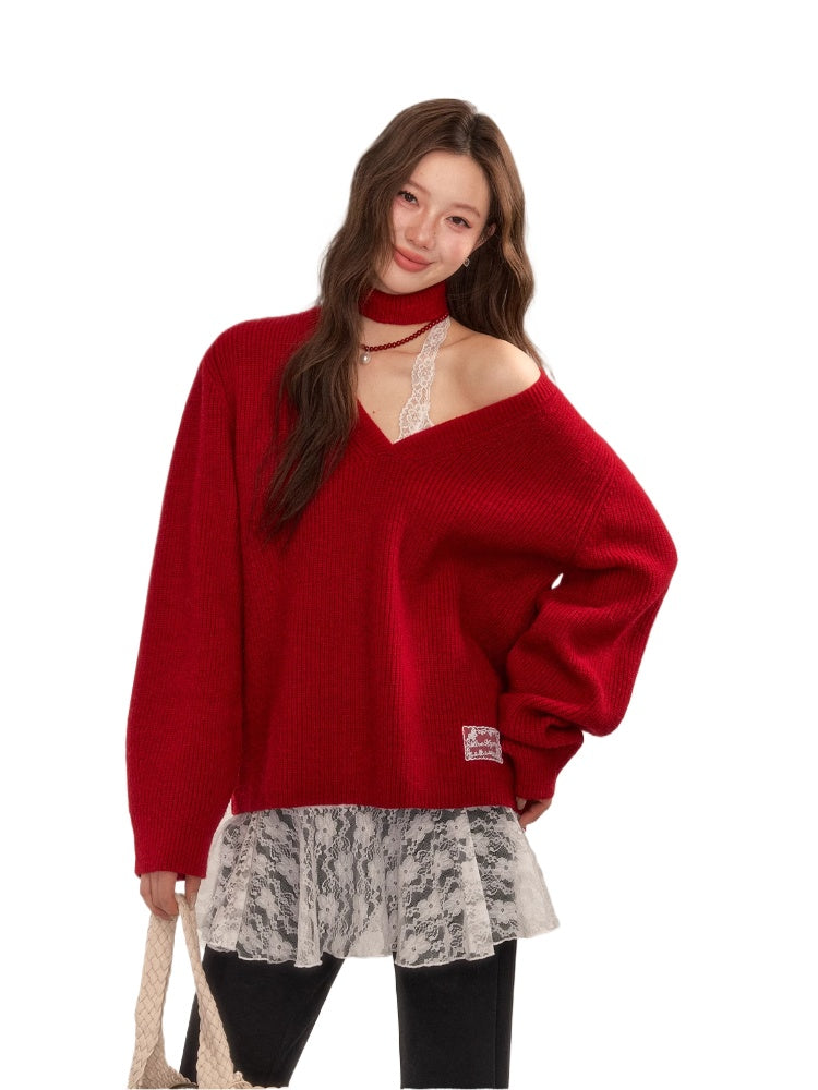 Halter V-Neck Loose Knit Sweater