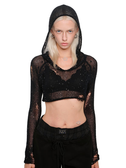 Hollow Sequin Crop Hoodie