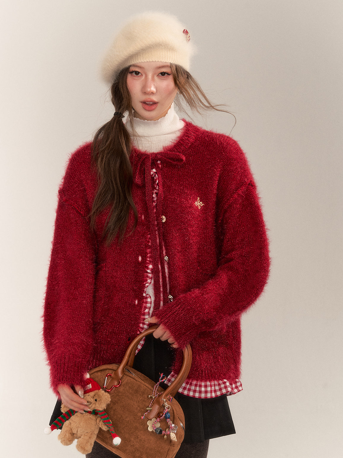 Red Plaid Faux Two-Piece Knit Cardigan