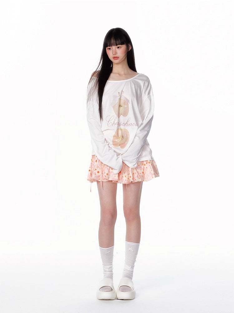 Off-Shoulder Crystal Apple Print Loose T-Shirt
