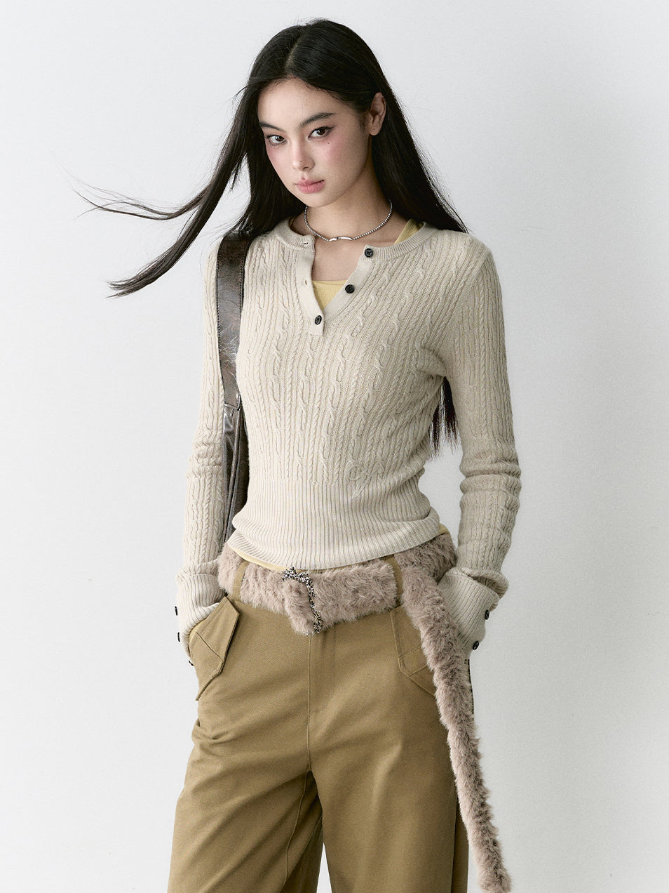 Cable Knit Wool Blend Crewneck Sweater