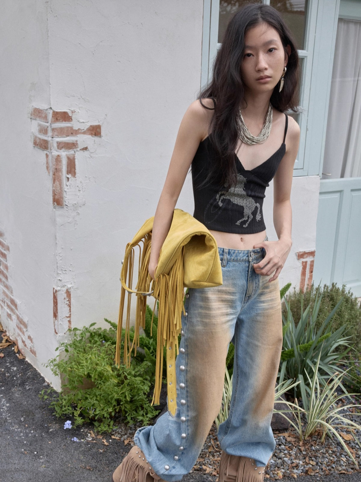 Knight Horse Rhinestone Cable-Knit Camisole