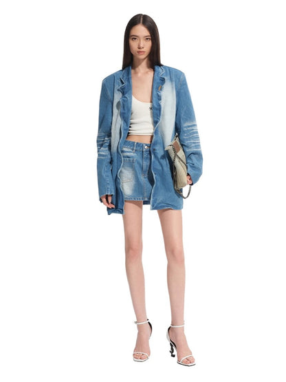 &quot;Caracal Series&quot; Washed Twill Denim Blazer - CHINASQUAD