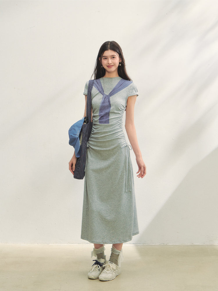 Printed Side Gathered Tie Dress - CHINASQUAD
