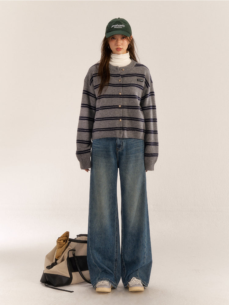 Washed High-Waist Slim Wide-Leg Jeans