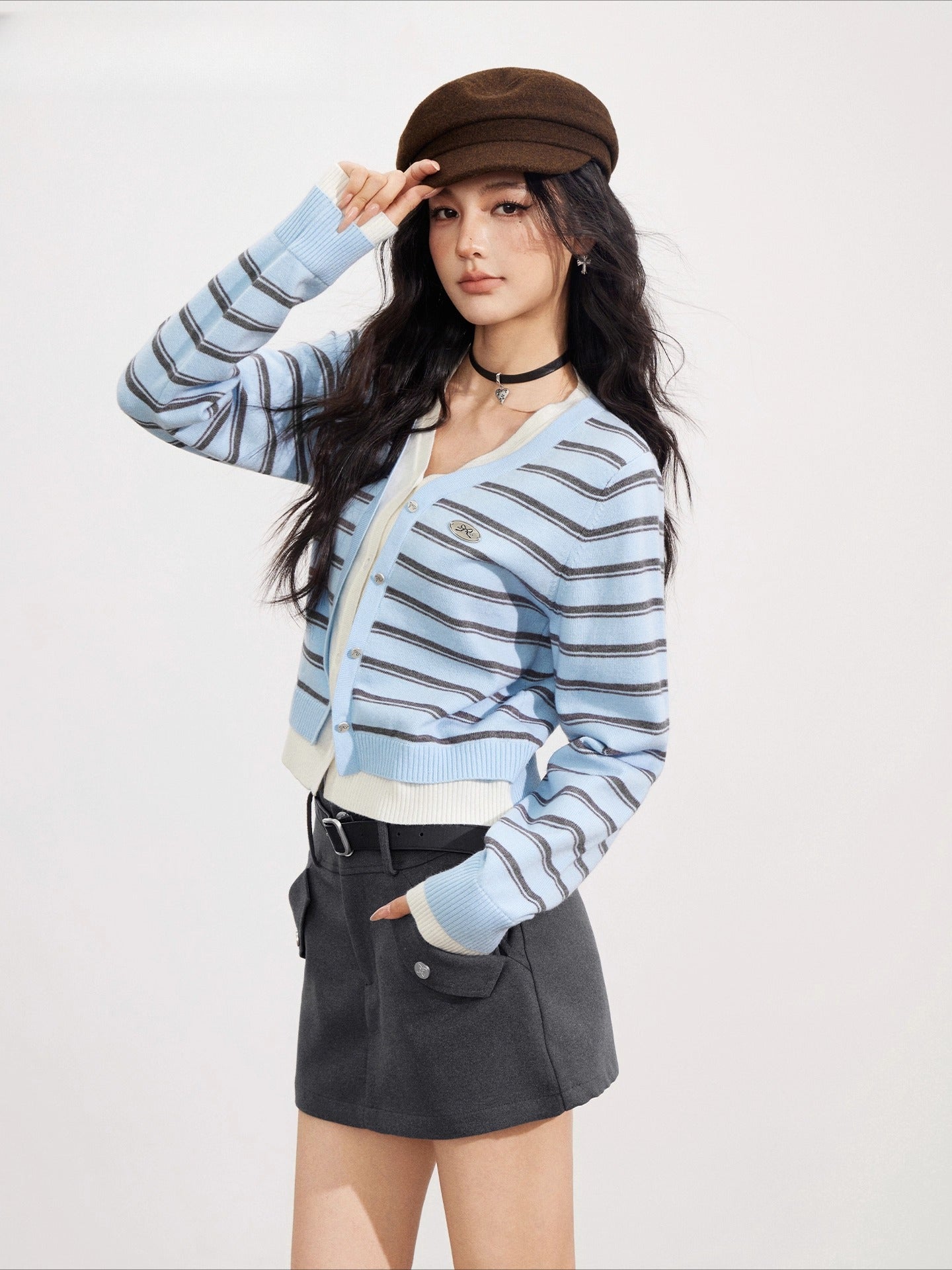 Striped Layered-Effect V-Neck Knit Cardigan