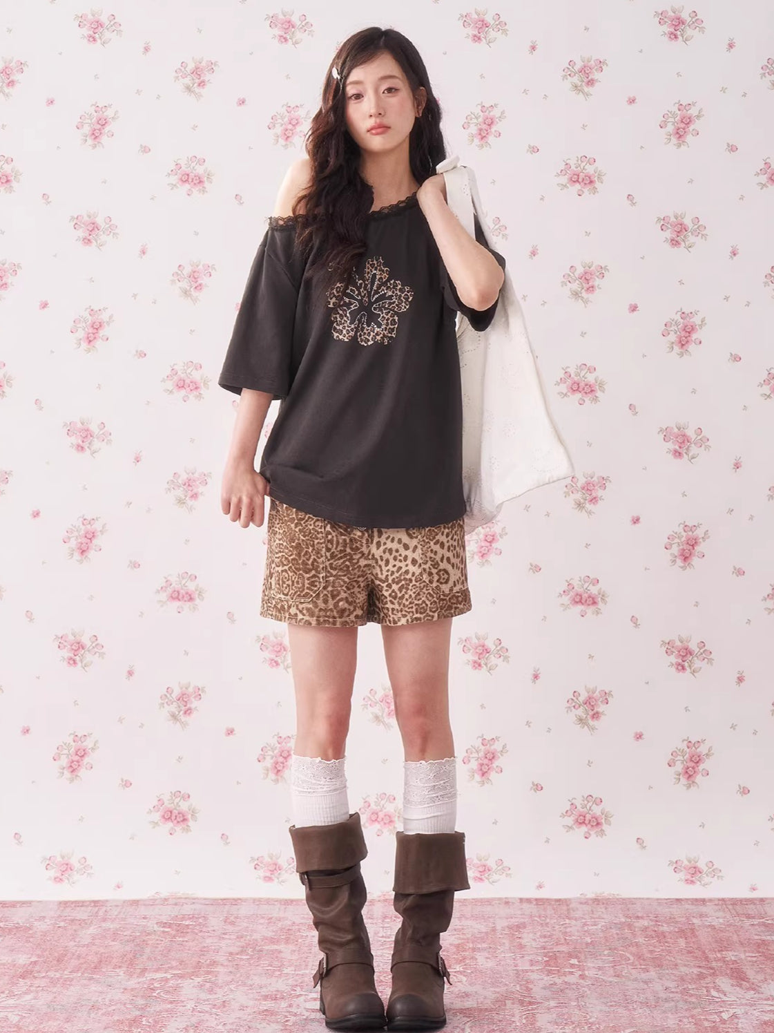 Leopard Rhinestone One-Shoulder T-Shirt