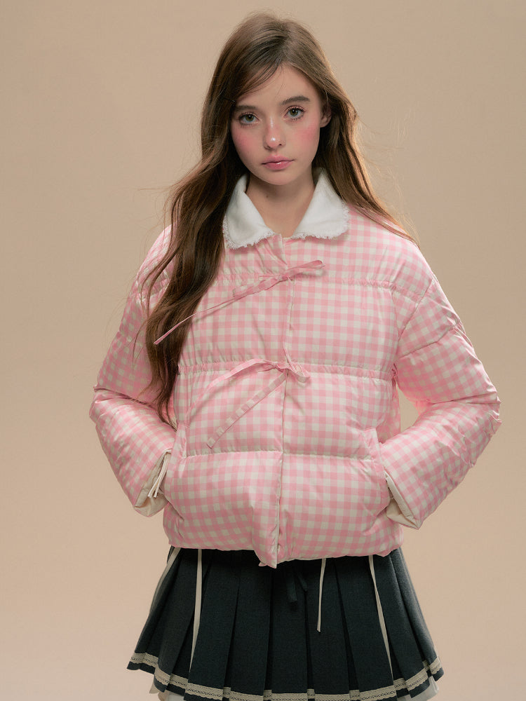 Reversible Pink Plaid &amp; White Down Jacket