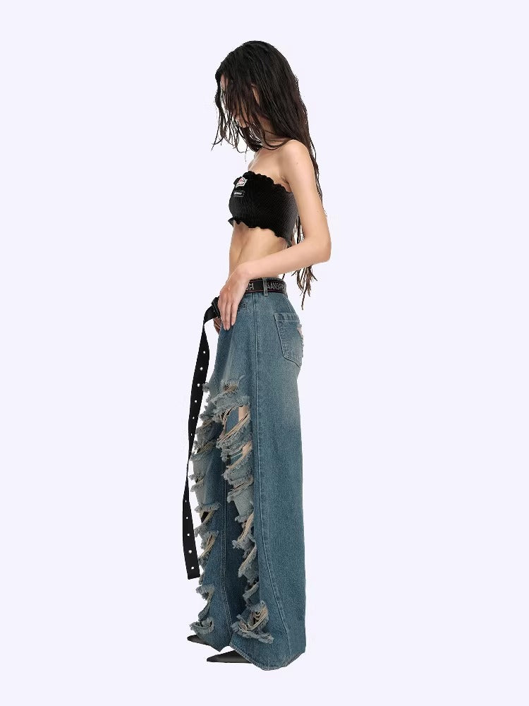 Vintage Washed Distressed Wide-Leg Denim Jeans