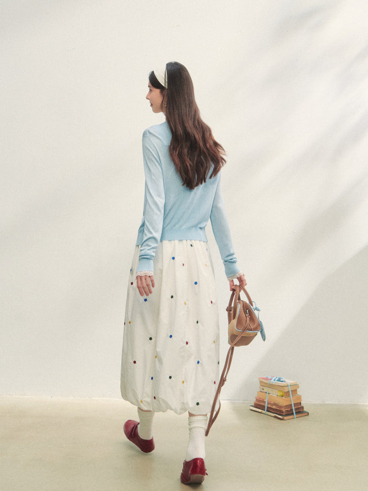 White Heavy-duty Floral Embroidered Midi Skirt Set - CHINASQUAD