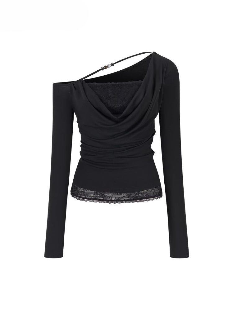 Fake Two-Piece Lace Off-Shoulder Beaded T-Shirt