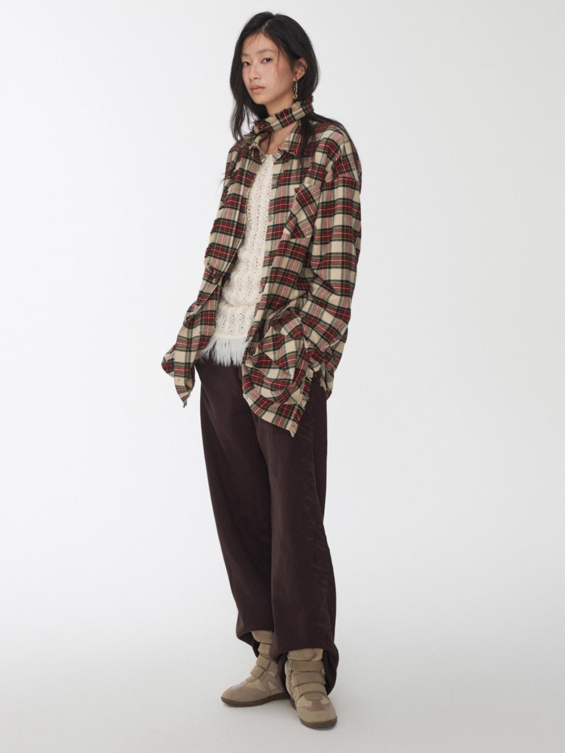 Vintage Red Plaid Frayed-Edge Utility Shirt Dress