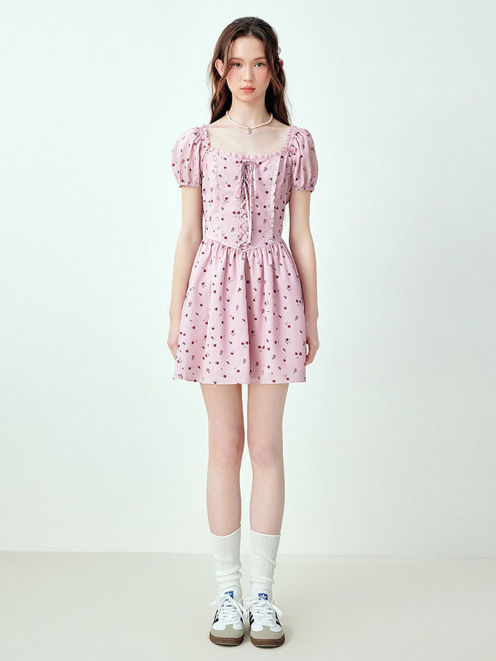 Pink Tie-strap Square-neck Floral Dress