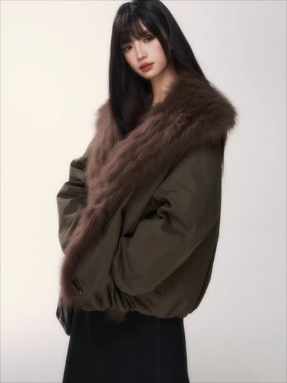 Fur Collar Goose Down Cropped Puffer Jacket