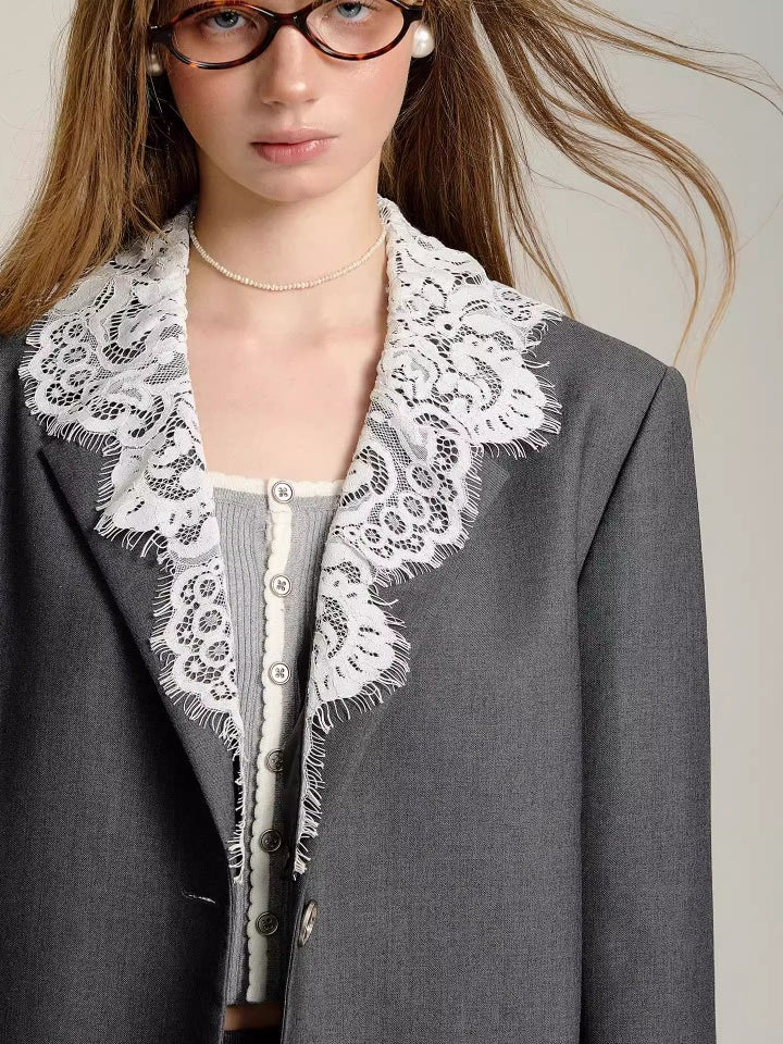 Gray Detachable Lace-collar Blazer