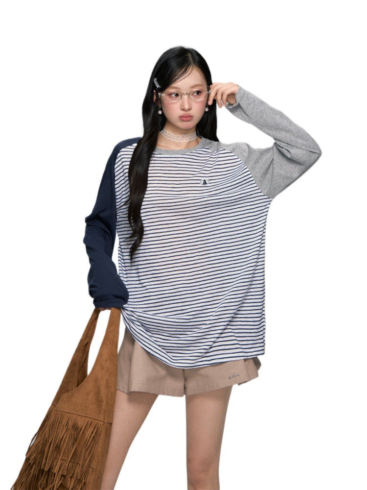 Color-block Striped Round-neck T-shirt