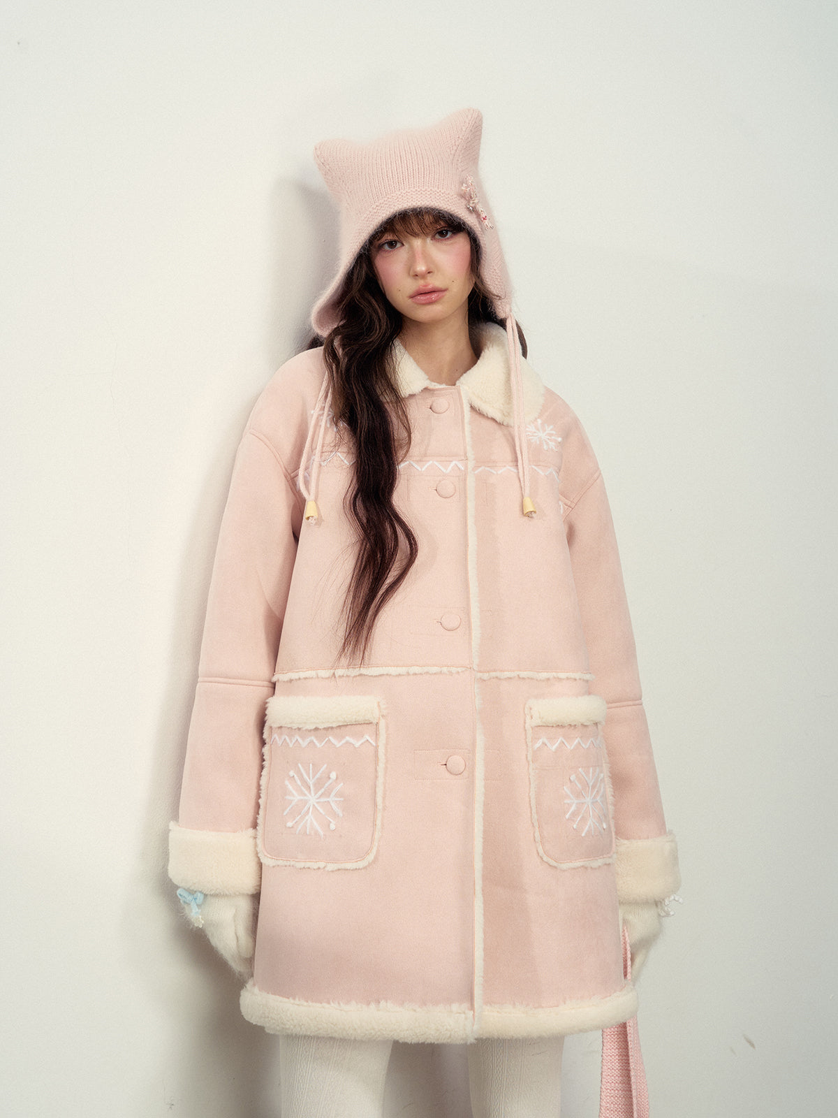 Pink Snowflake Embroidered Faux Shearling Coat