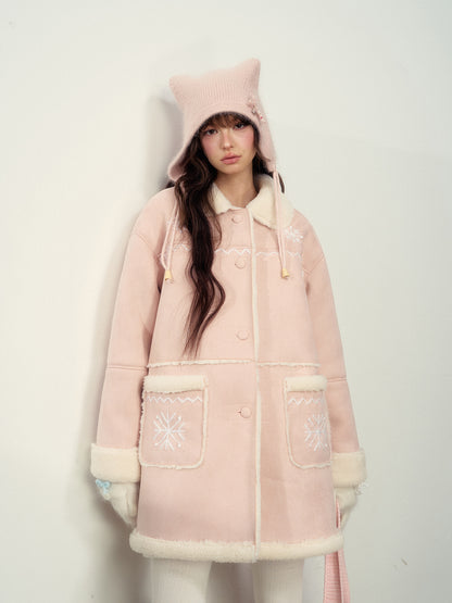 Pink Snowflake Embroidered Faux Shearling Coat