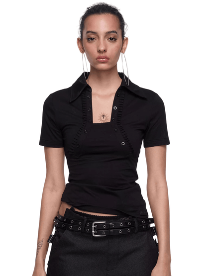 Backless Letter Print Lace-Trim Polo T-Shirt