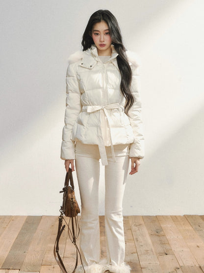 Two-Tone Belted Detachable Fur Hood Down Jacket