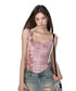 Pink & Yellow Off-Shoulder Mesh Rose Print T-shirt - CHINASQUAD
