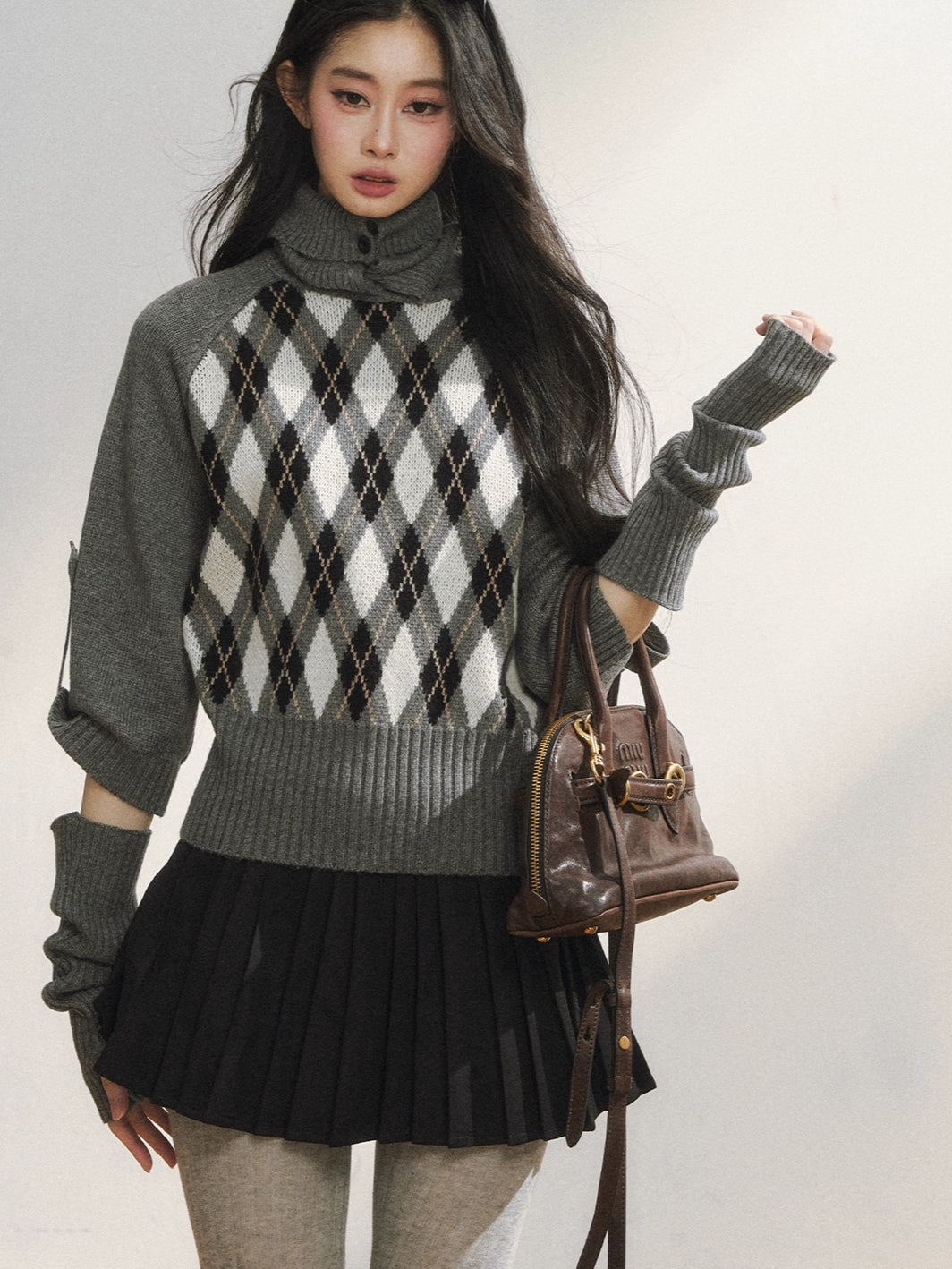 Vintage Argyle Knit Turtleneck Sweater &amp; Skirt Set