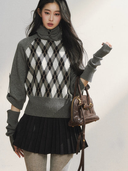 Vintage Argyle Knit Turtleneck Sweater &amp; Skirt Set