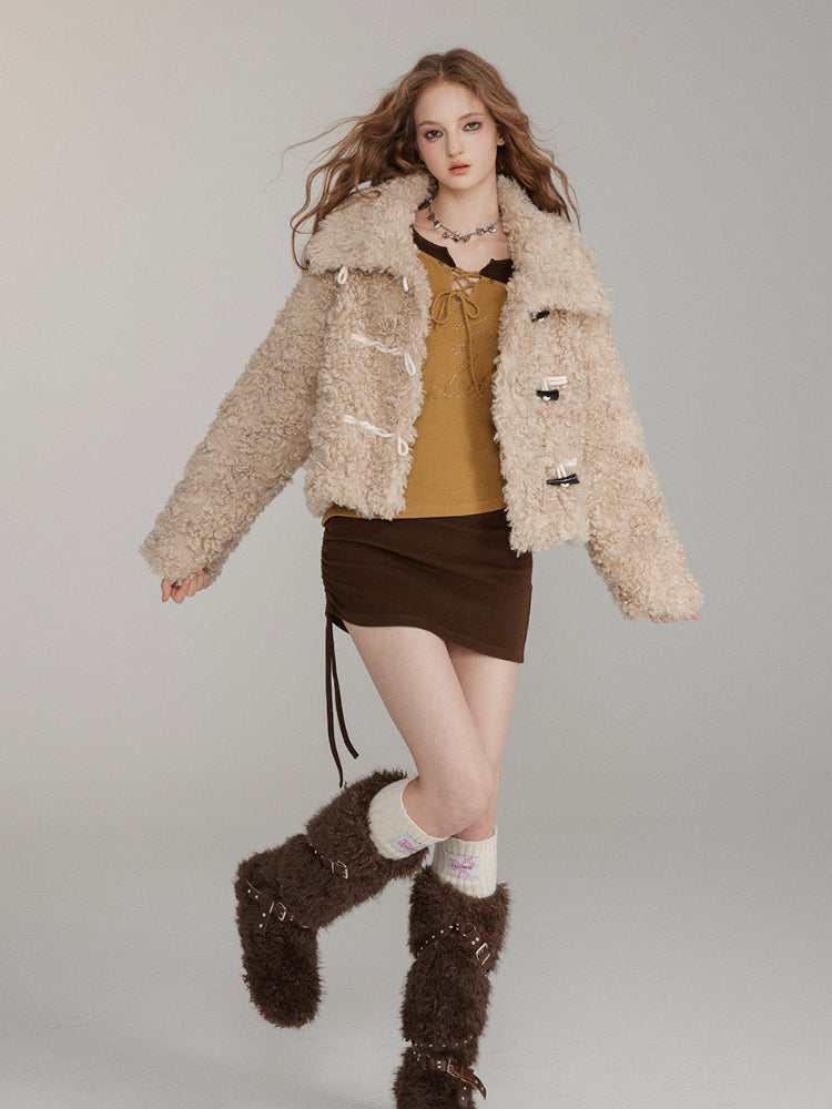 Horn Button Curly Fur Thick Short Jacket