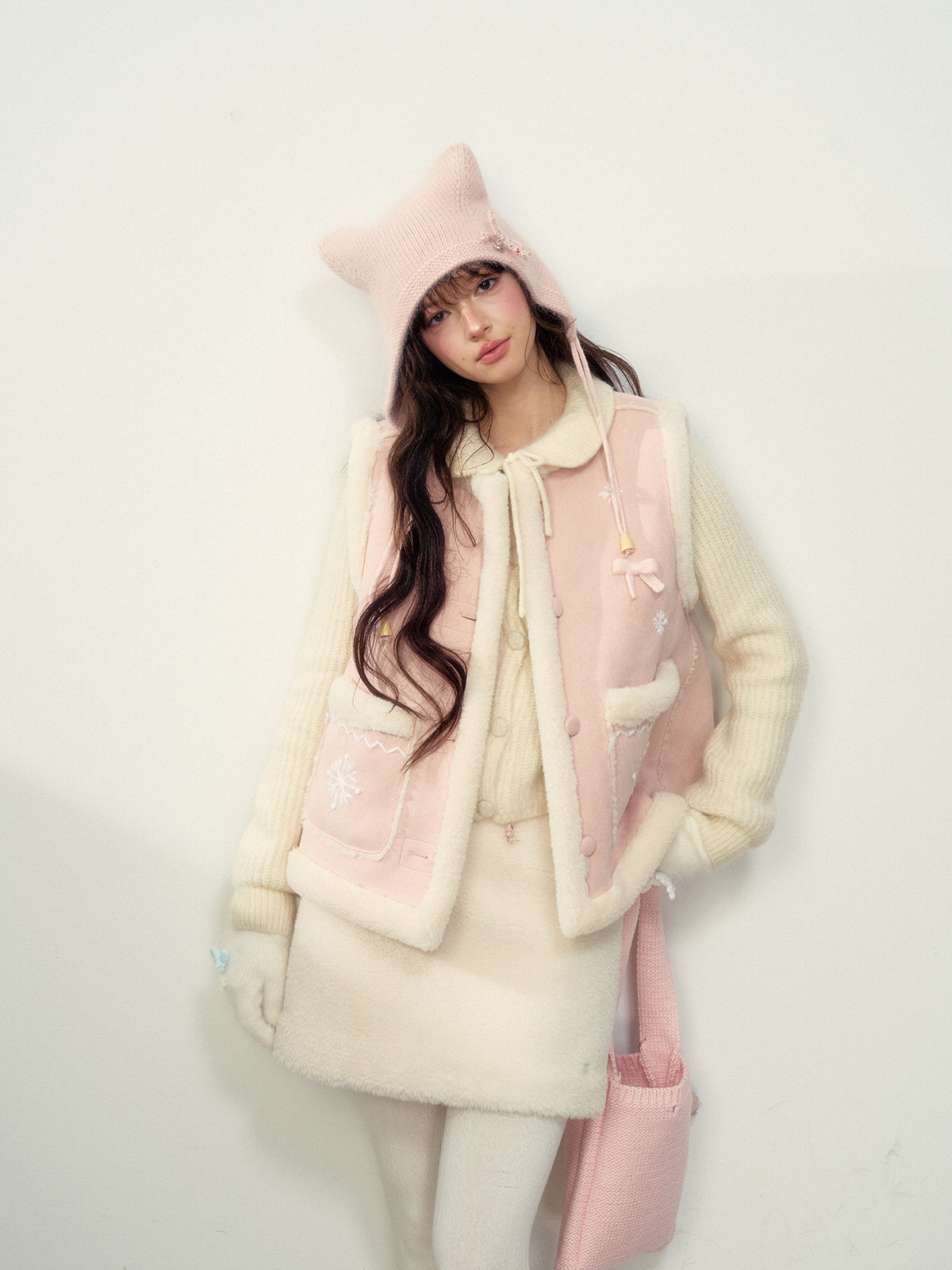 Pink Snowflake Embroidered Faux Shearling Vest