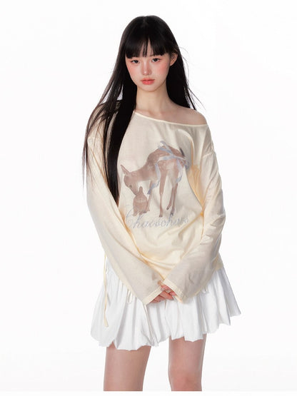 Asymmetric Deer Print Crystal-Embellished T-Shirt
