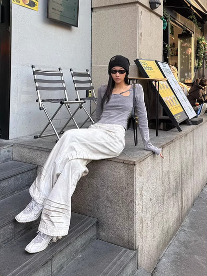 Side-Placket White Denim Jeans