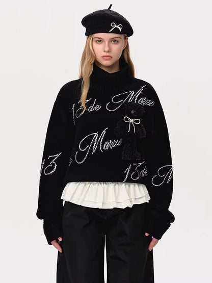 Crystal-Embellished Mock-Neck Knit Sweater