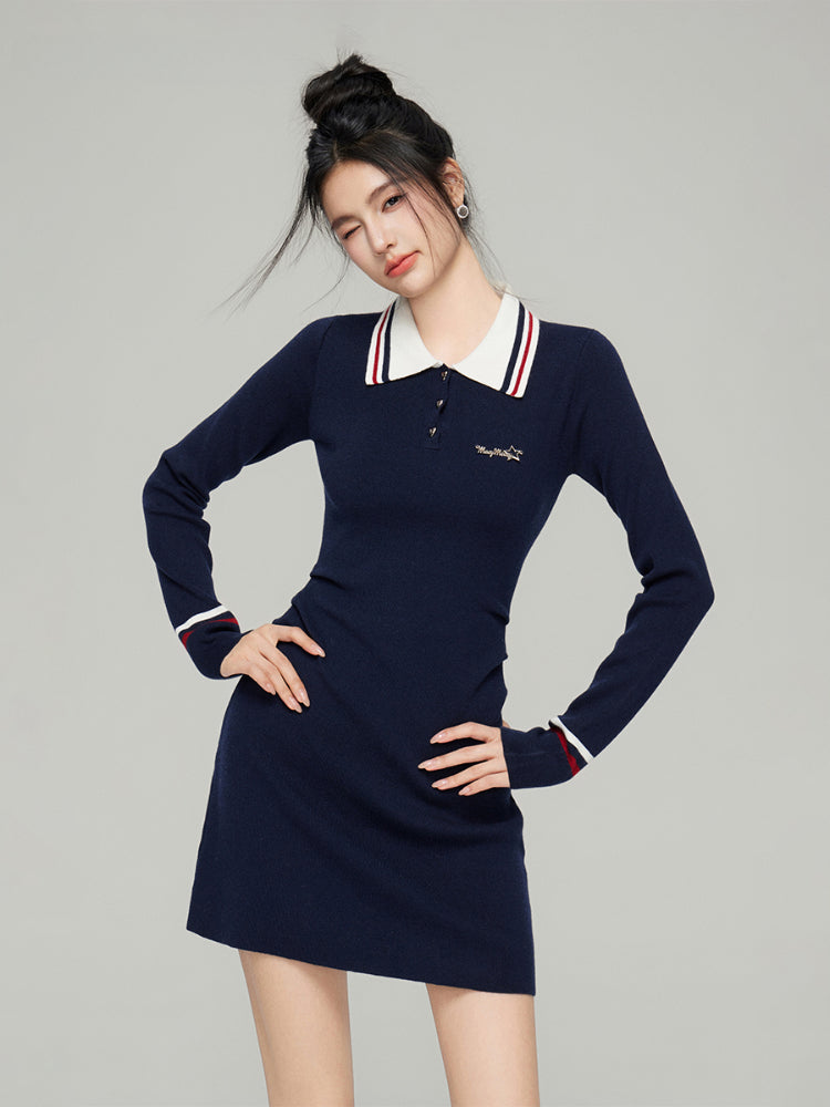 Polo Neck Waistline Knit Dress