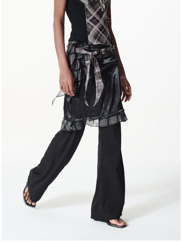 Contrast Plaid Ribbon-pieced Ruffled Skort